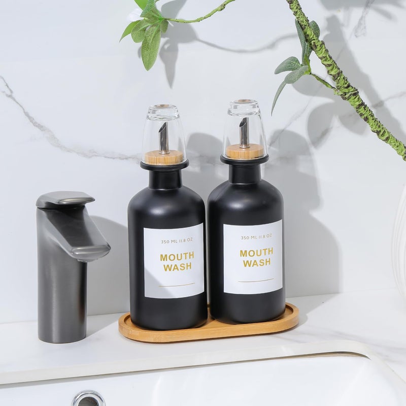 BONLONG 11.8OZ Glass Mouthwash Dispenser for Bathroom with Stainless Steel & Bamboo Nozzle, Mouthwash Cup Reusable, Bamboo Tray, and Elegant Gold Sticker.Set of 2（Black - Image 5